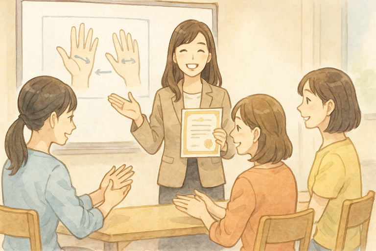 水彩画風の日本アニメ調イラスト。明るい教室で講師が笑顔でハンドマッサージの授業を行い、受講生たちが手技を練習している様子。講師は資格証を手に持ち、受講生は楽しそうに学んでいる風景。