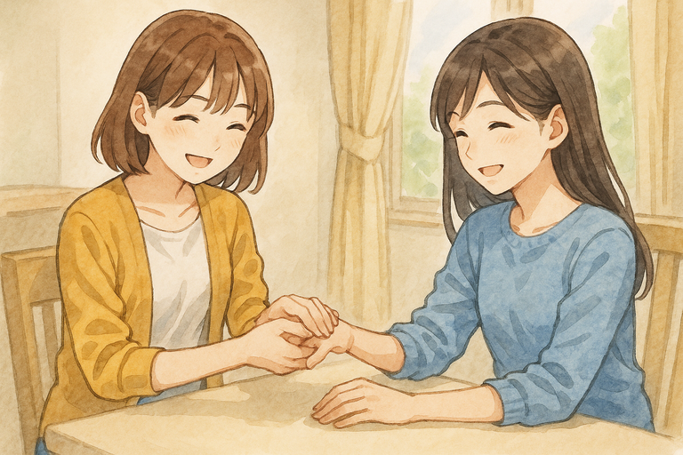 水彩画風のアニメ調イラストで、マッサージしている施術風景。二人とも笑顔で、明るい日差しが差し込む窓辺の温かな雰囲気の中でふれあいを描いている。