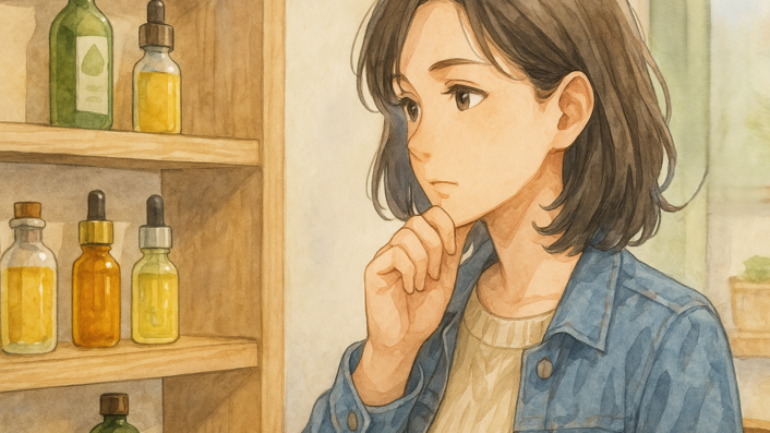 「女性が自宅の棚に並んだホホバオイルやアルガンオイルなど数種類の瓶を見比べながら考えている様子。日本のアニメ調の水彩画風で、今時のカジュアルな服装をした日常シーン。