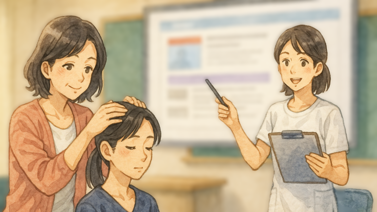 セラピースクールの教室で、女性受講生が講師に頭皮マッサージの実技指導を受けている様子。もう一人の講師がホワイトボードを使って説明しており、日本のアニメ調の水彩画風で描かれた平成から令和の日常シーン。