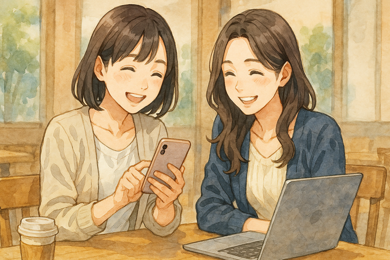 カフェで女性二人がスマートフォンを見ながら笑顔で話しているシーン。日本アニメ調の水彩画で描かれた平成から令和の今時の服装。