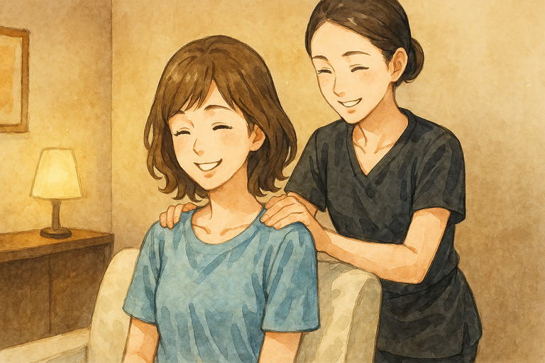 女性がサロンの個室でセラピストに肩をマッサージされ、笑顔でくつろいでいるシーンを描いた日本アニメ調の水彩画イラスト。