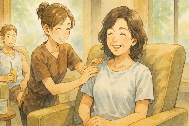 女性が笑顔で肩のマッサージを受けてくつろいでいる日本アニメ調の水彩画イラスト。