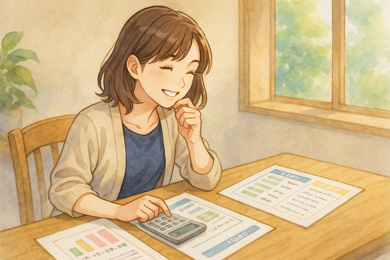 机に資料と電卓を広げ、笑顔でリフレクソロジー講座の費用を検討している女性。水彩画風の日本アニメ調で、明るい日差しの差し込む日常的なワンシーン。