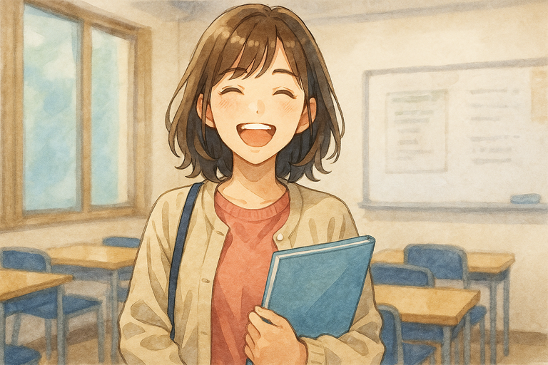 教室でリフレクソロジー講座を終えた女性受講生が、青いファイルを抱えて笑顔を見せている様子。日本のアニメ調・水彩画風で、日常的な雰囲気を切り取ったシーン。