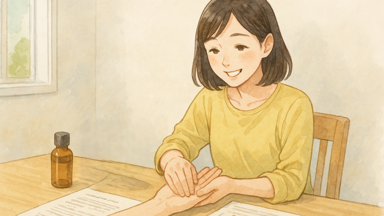 水彩画風のアニメ調イラストで、笑顔の女性セラピストが椅子に座った女性の手のひらをやさしくマッサージしている施術風景。明るい室内で自然光が差し込み、リラックスした日常の一場面を切り取った様子。