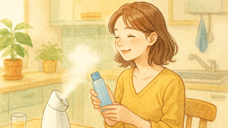 フェイシャルスチーマーを使いながら、手に化粧水のボトルを持つ女性。やわらかい光に包まれたキッチンで、リラックスした笑顔を浮かべている。水彩画タッチの日本のアニメ調イラスト