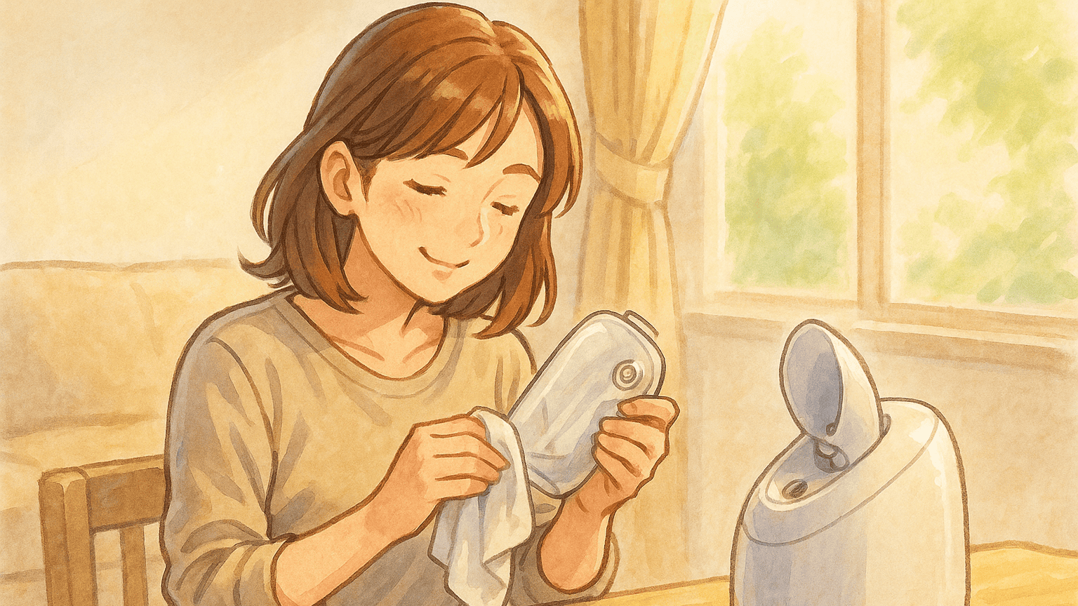 30代の女性がリビングでフェイシャルスチーマーのタンクを丁寧に拭いている。 柔らかな日差しがカーテン越しに差し込み、女性は穏やかな笑顔。