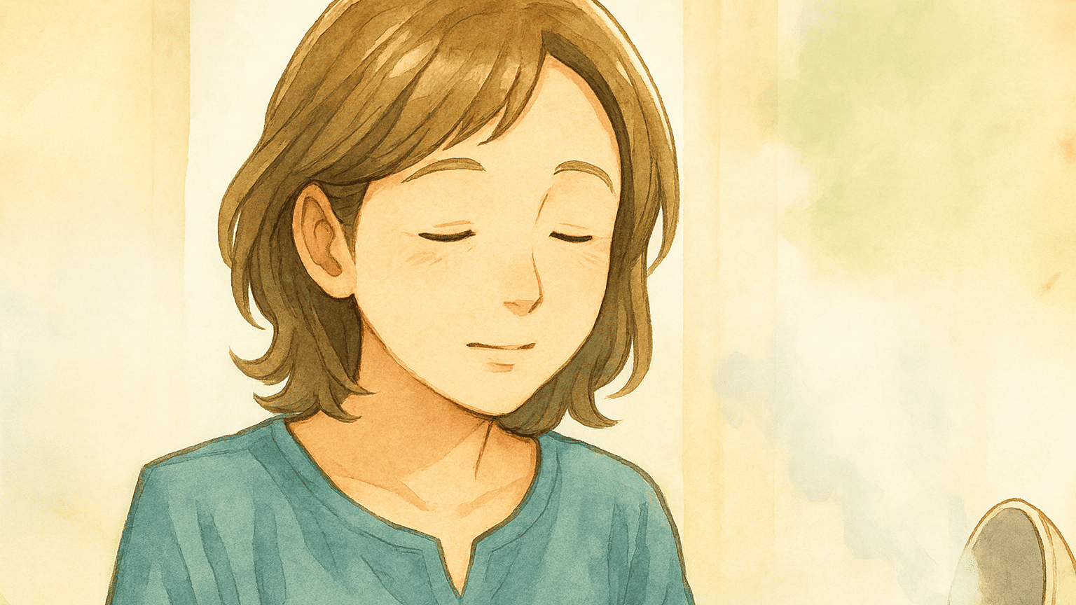 30代女性がリビングでフェイシャルスチーマーを使用。カジュアルな服装で、明るい日差しが差し込む水彩画タッチのイラスト。