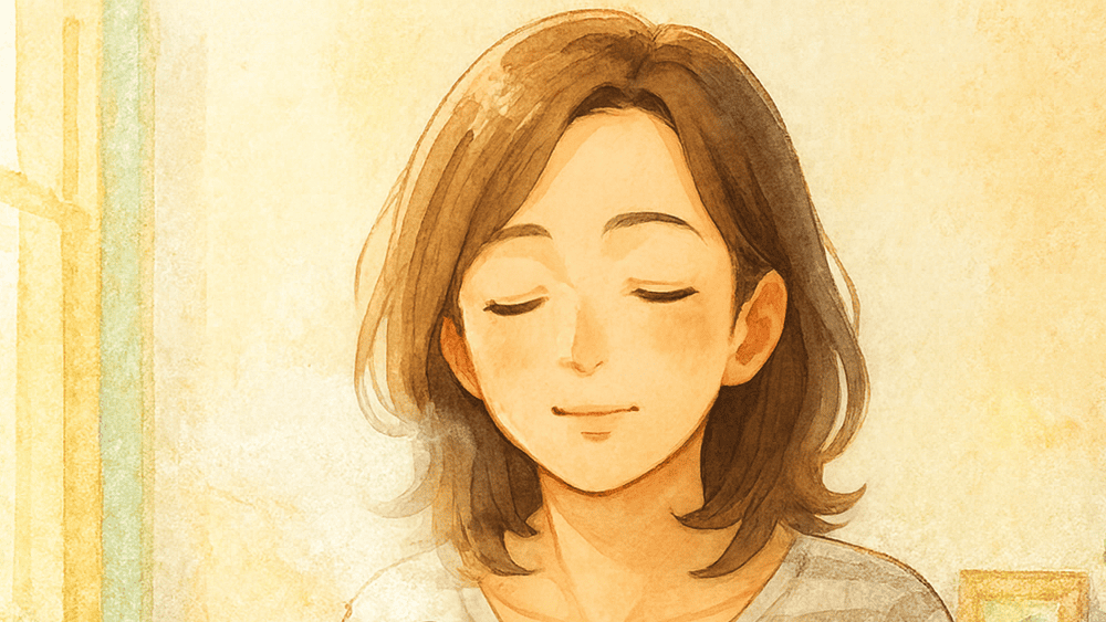 夜のリビングでフェイシャルスチーマーを使用、笑顔でリラックスしている女性。湯気に包まれながら、自分時間を楽しむ様子を描いた水彩風イラスト。