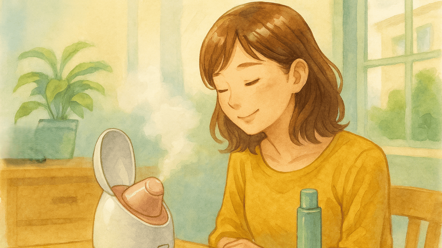明るい室内で、女性がフェイシャルスチーマーを使用する様子。お手入れを楽しむ日常の一コマを描いた水彩風イラスト。