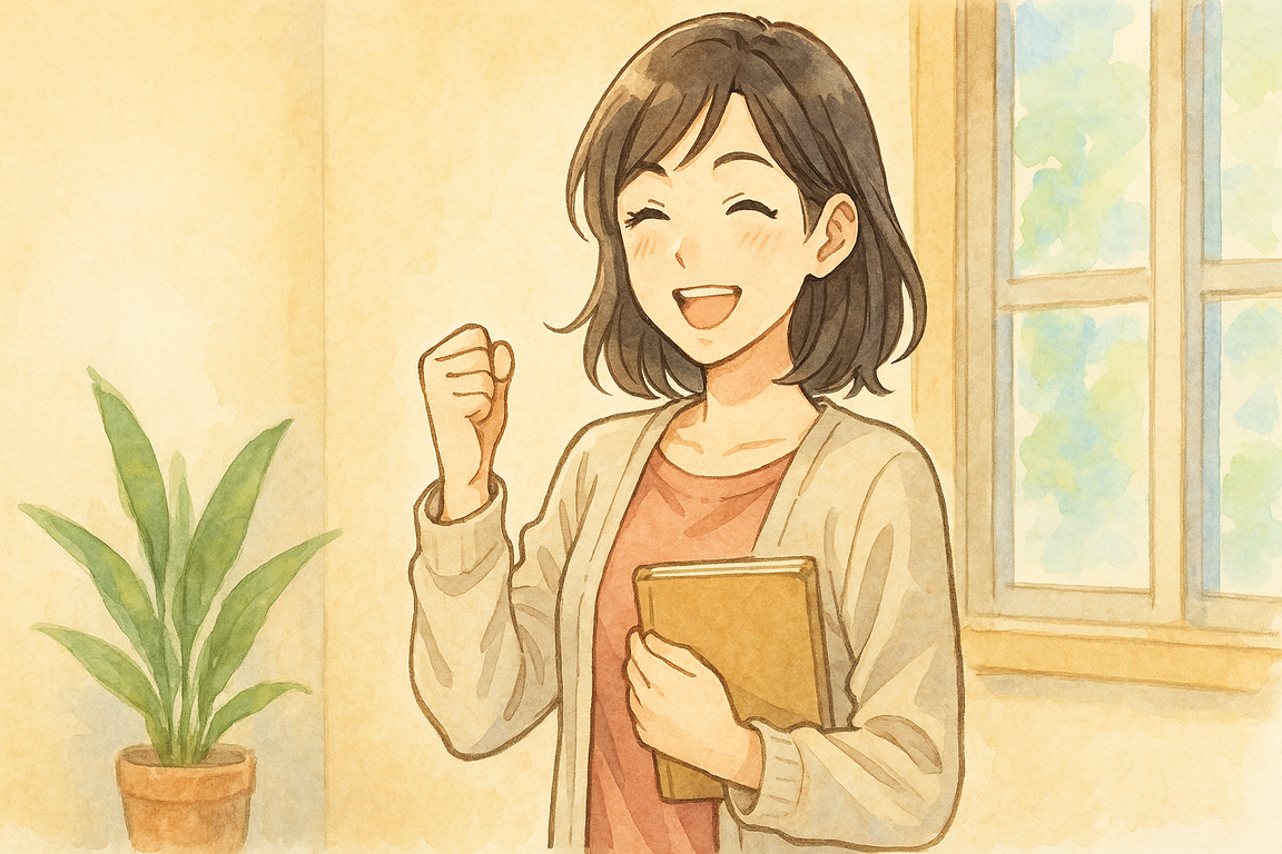 女性が教室の窓際で笑顔を浮かべながら本を胸に抱き、次の学びに意欲を見せているシーン。柔らかな日差しが差し込む明るい室内には観葉植物があり、女性はカジュアルな服装で前向きな表情。新しい一歩を踏み出す前向きな気持ちと、学びの温かい雰囲気を描いている。