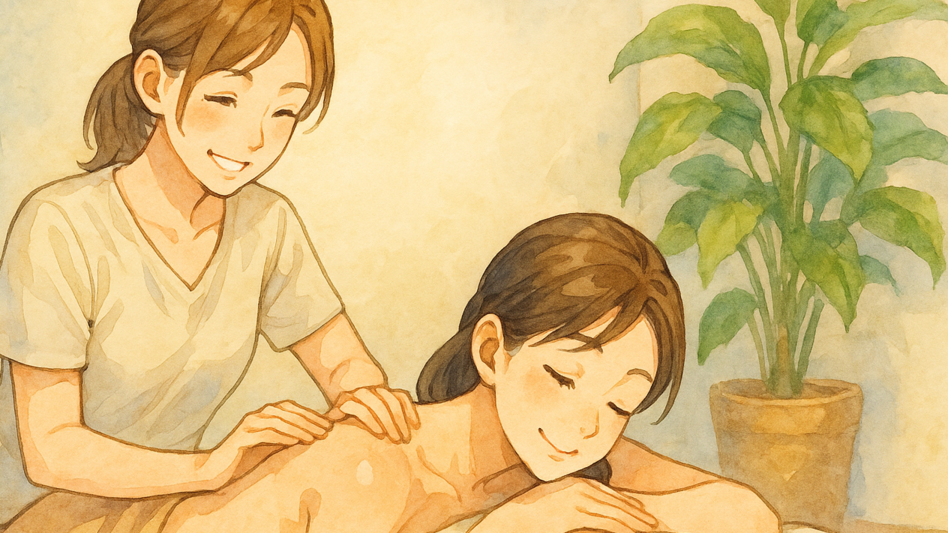 女性セラピストが笑顔で背中のオイルマッサージを施しているシーン。受けている女性はリラックスした表情で目を閉じ、柔らかな照明と観葉植物に囲まれた穏やかな空間が描かれている。清潔感のある明るい色彩で、オイルマッサージの癒しと温かさを表現している。