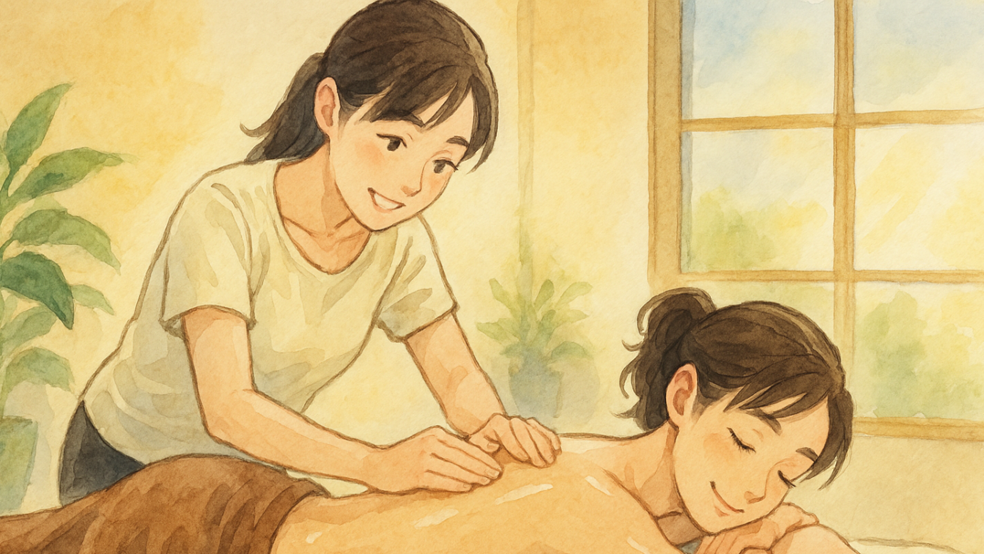 セラピストが笑顔で女性の背中にオイルマッサージをしている様子。温かな日差しが差し込む部屋で、植物に囲まれた落ち着いた空間。セラピストは手のひら全体を使い、ゆっくりと圧をかけるように施術しており、ベッドに横たわる女性は気持ちよさそうに目を閉じてリラックスしている。全身マッサージの流れと優しいタッチの雰囲気を表現したシーン