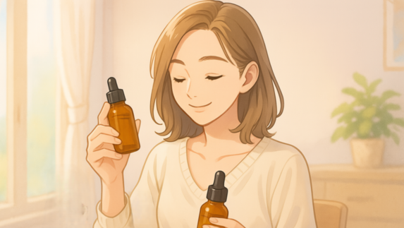 女性が木製テーブルの上に並んだ数種類のオイルボトルを見比べているシーン。柔らかな日差しが差し込む明るい室内で、女性は笑顔を浮かべながらホホバオイルの瓶を手に取っている。背景には観葉植物が置かれ、ナチュラルで温かみのある雰囲気がオイルの選び方や癒しのイメージを伝えている。