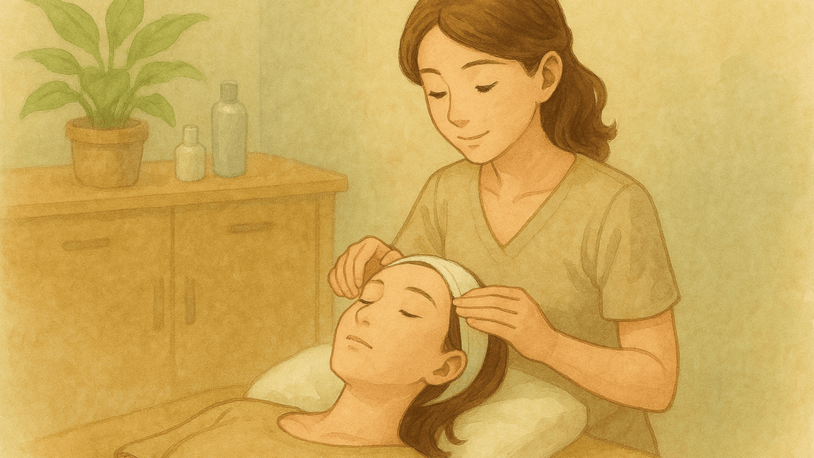 明るい施術室でセラピストが笑顔で背中と脚を丁寧にオイルマッサージしているシーン。受けている女性はリラックスした表情で目を閉じ、自然光が差し込む窓や観葉植物が癒しの雰囲気を演出。全身と部分ケアをイメージできる構図で、オイルボトルが施術台横に置かれている。