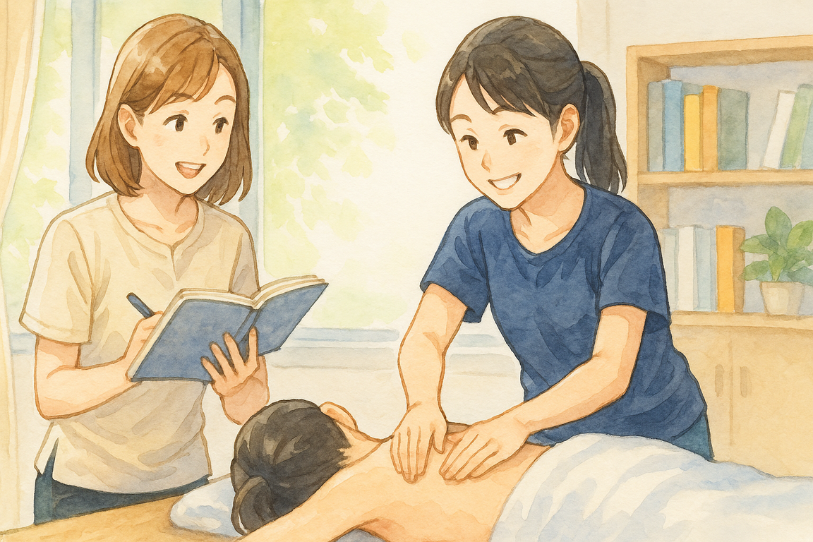 明るい教室内で女性講師がノートを手に説明しながら、受講生が笑顔でオイルマッサージの実技練習をしているシーン。受講生は施術ベッドで背中の手技を丁寧に行い、窓からは柔らかな日差しが差し込む。清潔感のあるカジュアルな服装と穏やかな表情が、安心して学べる講座の雰囲気を表現している。