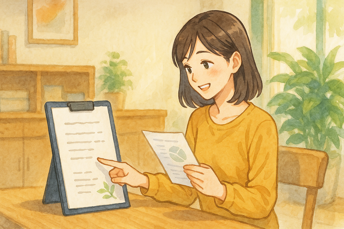 女性がサロンの木製カウンターでオイルマッサージの料金メニューを見て選んでいるシーン。明るい日差しが差し込む室内で、観葉植物や木のインテリアが温かみを演出。女性はカジュアルな服装で笑顔を浮かべながらメニュー表を指さしており、心地よい雰囲気の中でサービスを選ぶ様子を表現している。