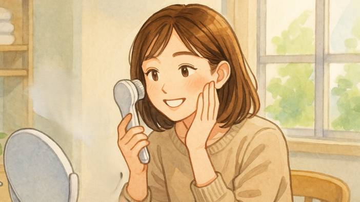 自宅の洗面所で毛穴ケアをしている日本人女性の水彩画。ベージュのニットを着て笑顔で頬に触れ、明るい日差しの入る窓辺でリラックスした雰囲気。テーブルの上には鏡と化粧水ボトル、スチーマーが置かれている。