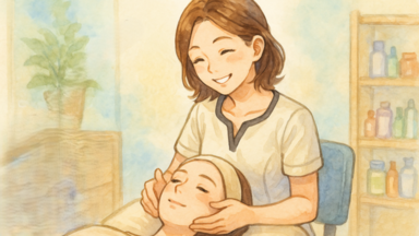 1日講座をイメージした水彩アニメ調イラスト。フェイシャルエステ施術をしている。