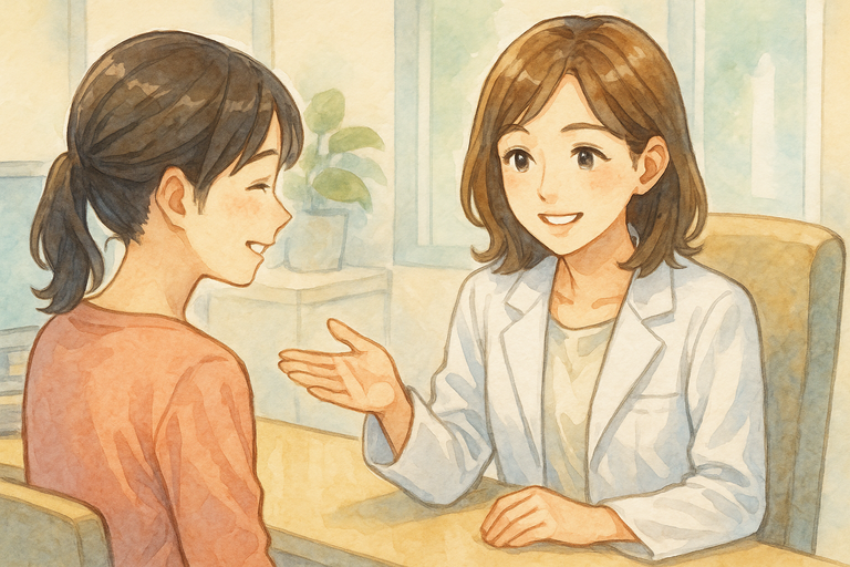美容クリニックの明るい診察室で、白衣を着た女性医師が日本人女性にフェイシャル毛穴治療のカウンセリングをしている水彩画風アニメイラスト。医師は笑顔で説明し、女性は安心した表情で頷いている。清潔感のある室内に柔らかな光が差し込んでいる。