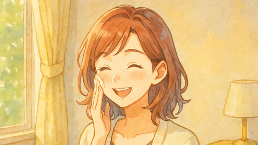 朝の自然光が差し込むリビングで、日本人女性が化粧水を手に取り、笑顔でスキンケアをしている水彩画風のアニメイラスト。