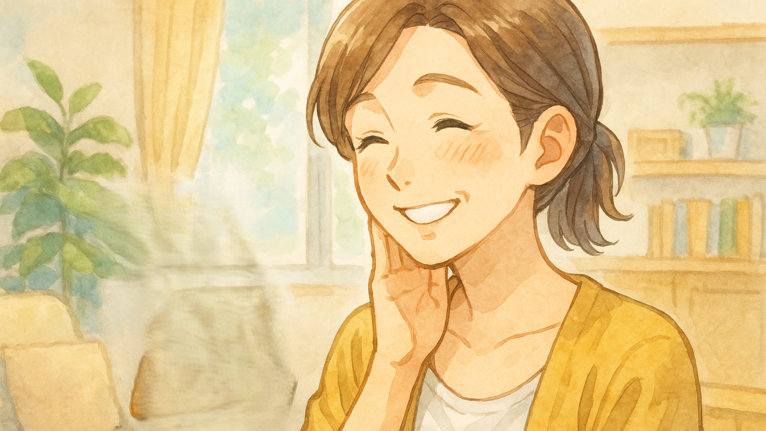 フェイシャルワックスをして良いか悩む40代女性を描いた水彩アニメ調イラスト。 自宅の明るい窓辺で、頬に手を当てながら肌状態を気にする様子。