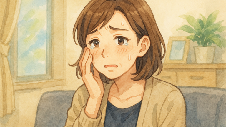 フェイシャルワックスのデメリットを表現した水彩アニメ調イラスト。 40代主婦の佐藤真由美がワックスの強い刺激で涙目になり、頬を手で押さえている日常シーン。