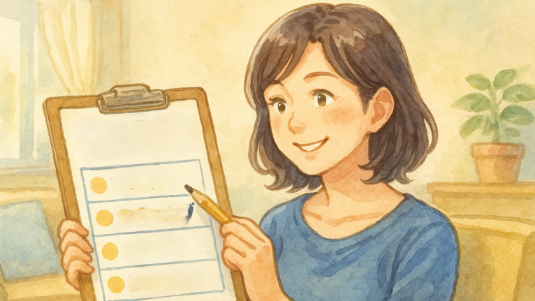 フェイシャルワックス後の肌トラブルや注意点を確認する様子を描いた水彩アニメ調イラスト。