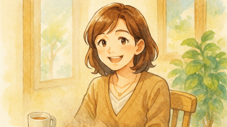 自宅リビングでスマートフォンを手にフェイシャルワックスや脱毛方法の選び方をテーマにした水彩アニメ調イラスト。