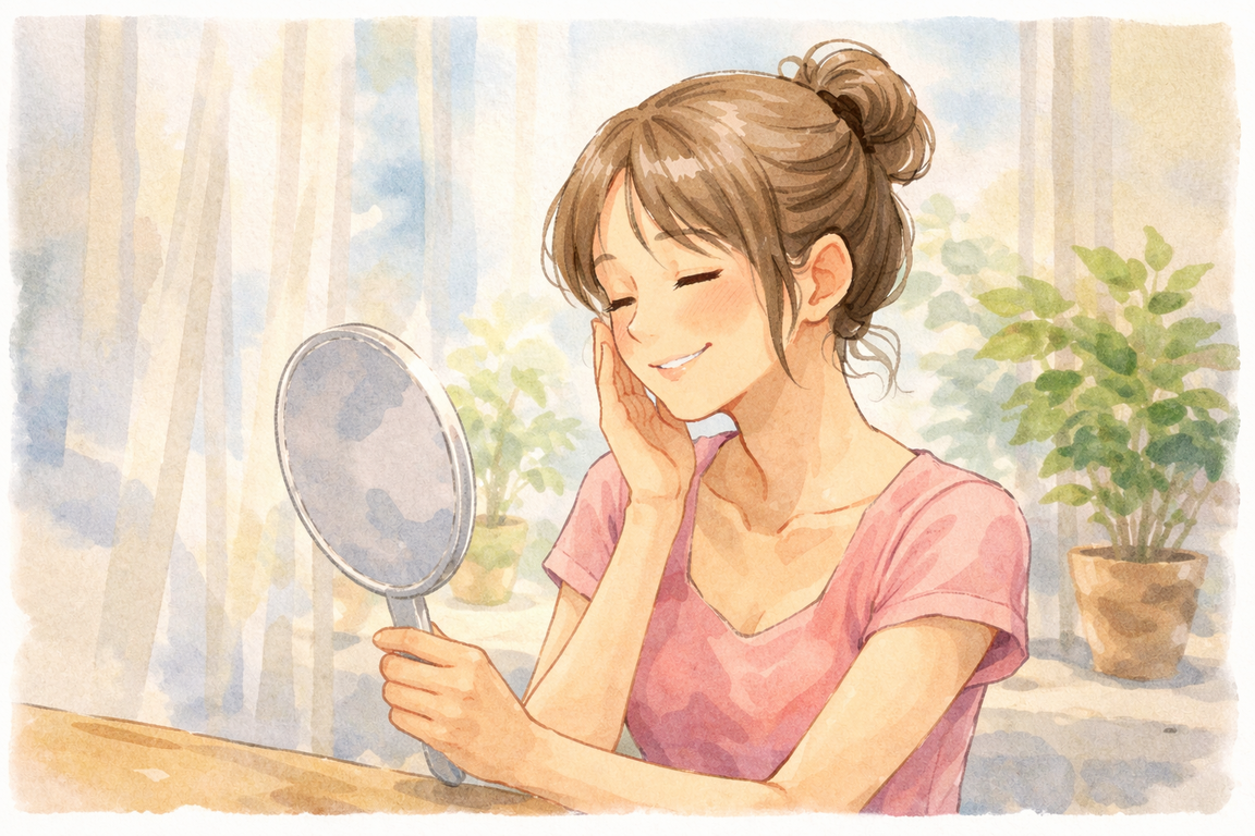 鏡で肌を見つめる女性