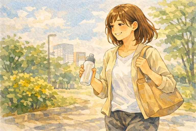 公園で歩く女性