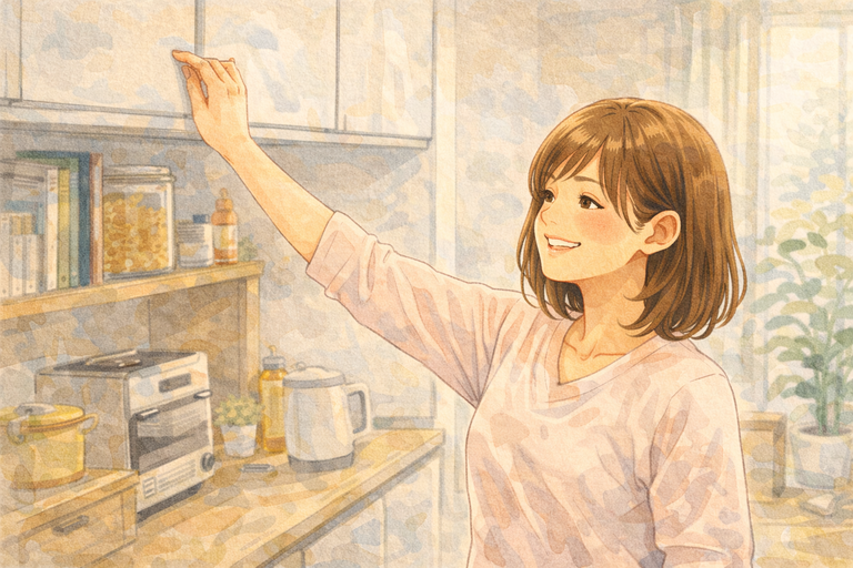 笑顔で扉に手を伸ばす女性