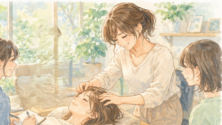 ヘッドマッサージ　リラックスした授業風景